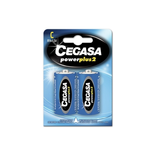 cegasa power plus 2 pack de 2 pilas r14 c pilas salinas para aparatos de bajo consumo