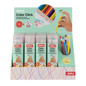 apli color clik expositor con 12 pack de 12 portaminas con minas de colores 2.6mm + 12 recambios + 1 sacapuntas forma redonda colores surtidos
