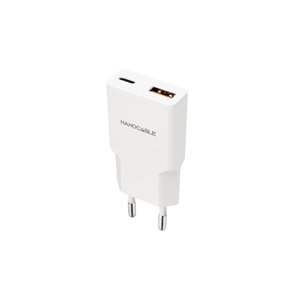nanocable cargador de pared usb c/pd + usb a/qc 25w color blanco