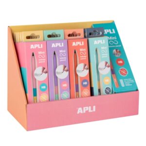 apli mini infinite pencil expositor con 20 packs de mini lapices infinitos hb + mina de recambio + tapon protector para escribir hasta 16km colores surtidos tricolor