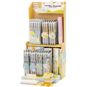 pentel energel kawaii expositor con 72 boligrafos de tinta gel retractiles 0.5mm trazo 0.25mm recargable grip de agarre 54% plastico reciclado tinta color azul