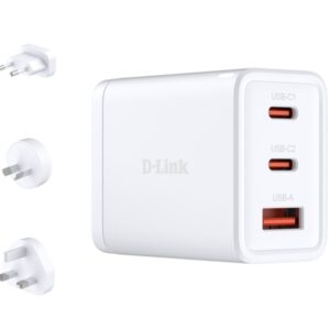 d link cargador de pared gan de 65w 2 usb c y 1 usb a conectores intercambiables color blanco