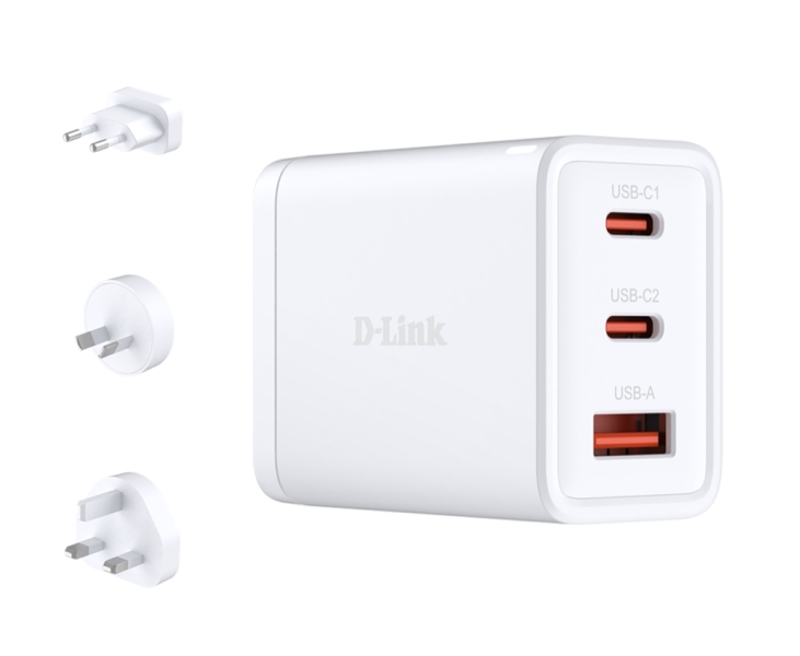 d link cargador de pared gan de 65w 2 usb c y 1 usb a conectores intercambiables color blanco