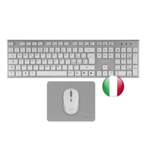 tacens zenith combo pack inalabrico de teclado completo + raton y alfombrilla disposicion italiana qwerty it teclas silenciosas de perfil bajo sensor de 3200dpi conexion dual link 2.4ghz switches huano color blanco