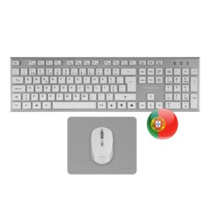tacens zenith combo pack inalabrico de teclado completo + raton y alfombrilla disposicion portuguesa qwerty pt teclas silenciosas de perfil bajo sensor de 3200dpi conexion dual link 2.4ghz switches huano color blanco