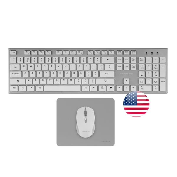 tacens zenith combo pack inalabrico de teclado completo + raton y alfombrilla disposicion internacional qwerty us teclas silenciosas de perfil bajo sensor de 3200dpi conexion dual link 2.4ghz switches huano color blanco