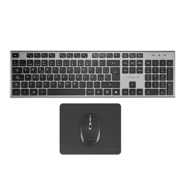 tacens zenith combo pack inalabrico de teclado completo + raton y alfombrilla disposicion qwerty es teclas silenciosas de perfil bajo sensor de 3200dpi conexion dual link 2.4ghz switches huano color negro