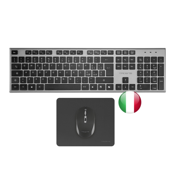 tacens zenith combo pack inalabrico de teclado completo + raton y alfombrilla disposicion italiana qwerty it teclas silenciosas de perfil bajo sensor de 3200dpi conexion dual link 2.4ghz switches huano color negro