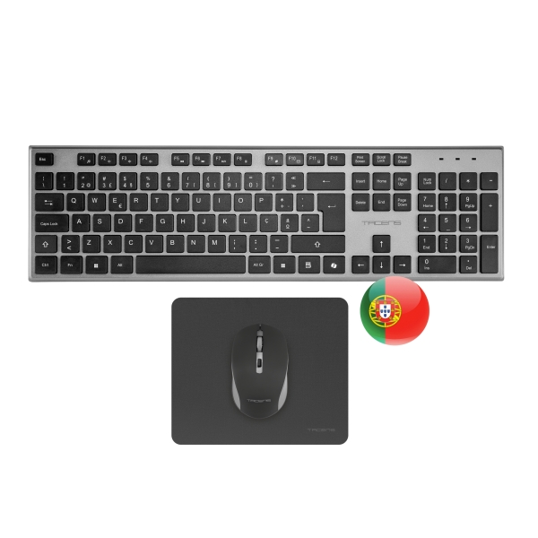 tacens zenith combo pack inalabrico de teclado completo + raton y alfombrilla disposicion portuguesa qwerty pt teclas silenciosas de perfil bajo sensor de 3200dpi conexion dual link 2.4ghz switches huano color negro