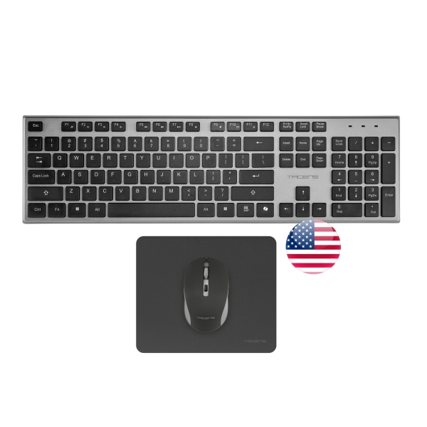 tacens zenith combo pack inalabrico de teclado completo + raton y alfombrilla disposicion internacional qwerty us teclas silenciosas de perfil bajo sensor de 3200dpi conexion dual link 2.4ghz switches huano color negro