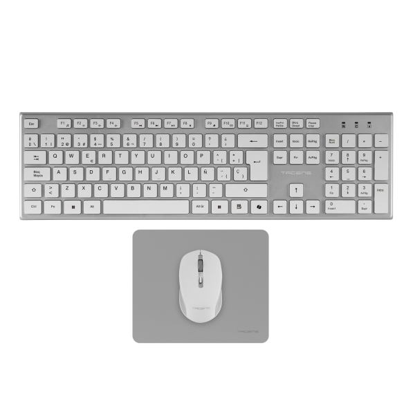 tacens zenith combo pack inalabrico de teclado completo + raton y alfombrilla disposicion qwerty es teclas silenciosas de perfil bajo sensor de 3200dpi conexion dual link 2.4ghz switches huano color blanco