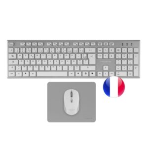 tacens zenith combo pack inalabrico de teclado completo + raton y alfombrilla disposicion francesa azerty fr teclas silenciosas de perfil bajo sensor de 3200dpi conexion dual link 2.4ghz switches huano color blanco