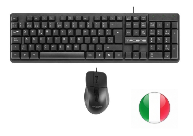 tacens anima acp02 pack usb teclado multimedia + raton 1200dpi 3 botones disposicion italiana qwerty it cable de 1.3m teclas de membrana sensor optico uso diestro color negro