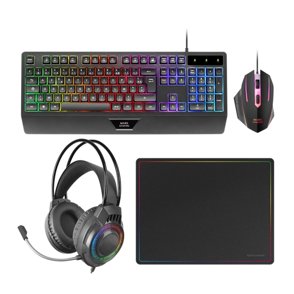 mars gaming mcp124pro combo pack gaming 4en1 teclado hibrido h mech disposicion qwerty es raton 3200dpi alfombrilla nanotextil color negro