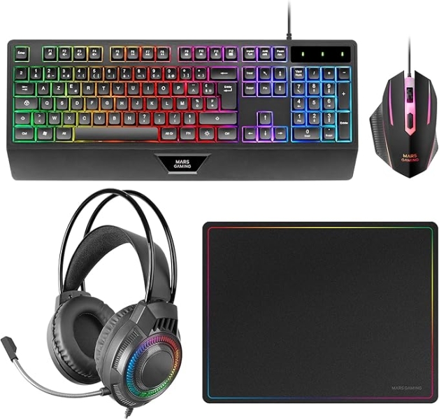 mars gaming mcp124pro combo pack gaming 4en1 teclado hibrido h mech disposicion portuguesa qwerty pt raton 3200dpi alfombrilla nanotextil color negro