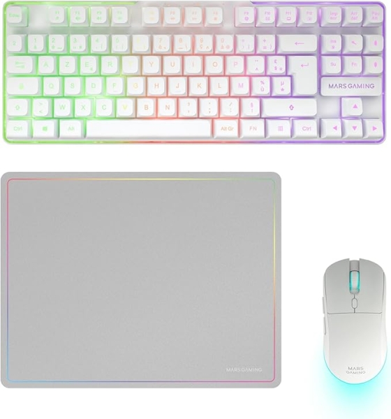mars gaming mcpwtkl combo pack gaming 3en1 teclado hibrido h mech formato tkl disposicion francesa azerty fr raton 3200dpi switches huano color blanco