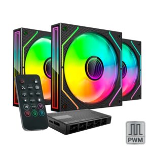mars gaming mf 3dprokit pack de 3 ventiladores de 120mm iluminacion argb infinity mirror 360º silencioso 12db mando a distancia y hub argb color negro