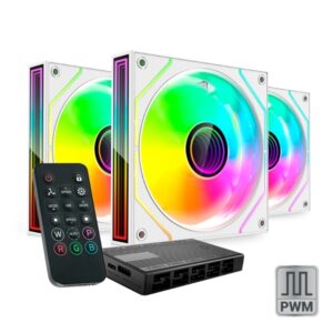 mars gaming mf 3dprokit pack de 3 ventiladores de 120mm iluminacion argb infinity mirror 360º silencioso 12db mando a distancia y hub argb color blanco