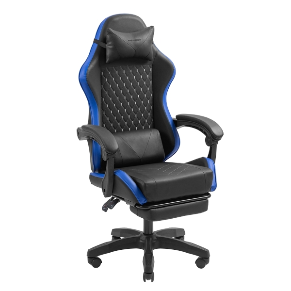mars gaming mgc x silla gaming ergonomica reposapies extensible cojines lumbar y cervical 660x540x1250mm acabado en cuero pu color negro y azul