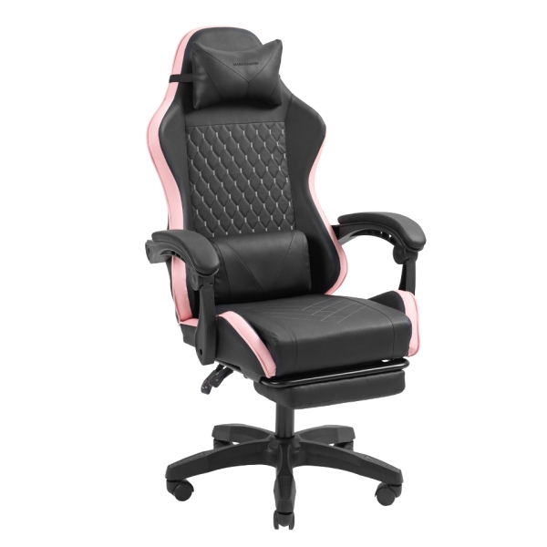 mars gaming mgc x silla gaming ergonomica reposapies extensible cojines lumbar y cervical 660x540x1250mm acabado en cuero pu color negro y rosa