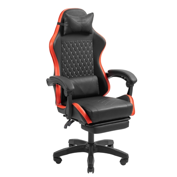 mars gaming mgc x silla gaming ergonomica reposapies extensible cojines lumbar y cervical 660x540x1250mm acabado en cuero pu color negro y rojo