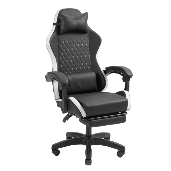 mars gaming mgc x silla gaming ergonomica reposapies extensible cojines lumbar y cervical 660x540x1250mm acabado en cuero pu color negro y blanco
