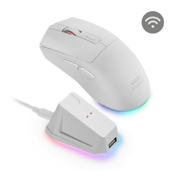 mars gaming mm t3 raton inalambrico ultraligero 14400dpi bluetooth 5.0 rf 2.4ghz switches huano base con luces rgb 7 botones configurables 118x64x40mm color blanco