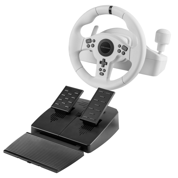 mars gaming mwh rsxone juego de volante 270º y pedales de carreras xl respuesta instantanea vibracion inmersiva levas y palanca secuencial integrada 11 botones dpad 260x275x240mm color blanco