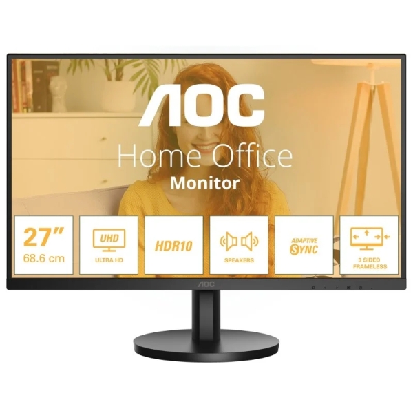aoc u27b3a monitor 27" led ips uhd 4k 60hz hdr10 respuesta 4ms hdmi, displayport altavoces 4w vesa 100x100mm color negro