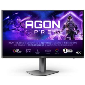 aoc agon pro ag276qzd2 monitor 26.7" qd oled qhd 240hz hdr400 respuesta 0.03ms altavoces 10w ajustable en altura, inclinacion y rotacion hdmi, displayport, usb vesa 100x100mm color negro