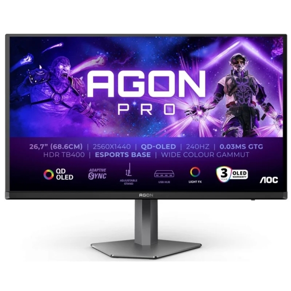 aoc agon pro ag276qzd2 monitor 26.7" qd oled qhd 240hz hdr400 respuesta 0.03ms altavoces 10w ajustable en altura, inclinacion y rotacion hdmi, displayport, usb vesa 100x100mm color negro