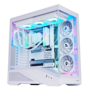 abysm arian frame a400 white caja torre atx, itx, micro atx lateral y frontal cristal templado 3.5" y 2.5" usb a, usb c y audio 4 ventilador argb instalados soporta refrigeracion liquida