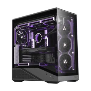 abysm arian frame a400 black caja torre atx, itx, micro atx lateral y frontal cristal templado 3.5" y 2.5" usb a, usb c y audio 4 ventilador argb instalados soporta refrigeracion liquida