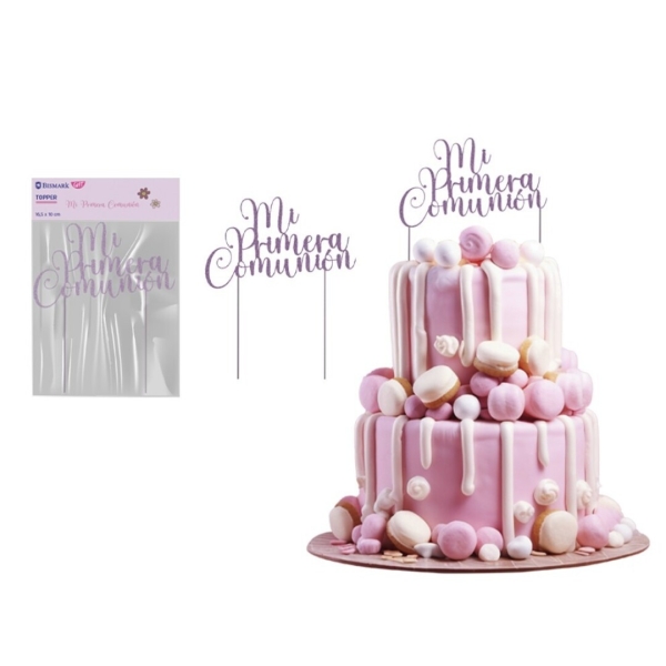 bismark topper primera comunion para tarta material acrilico efecto glitter color lila