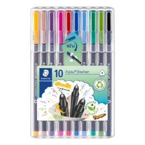staedtler triplus fineliner 334 pack de 10 rotuladores de punta fina trazo 0.3 mm aprox. tinta base de agua 97% de plastico reciclado colores surtidos
