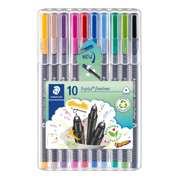 staedtler triplus fineliner 334 pack de 10 rotuladores de punta fina trazo 0.3 mm aprox. tinta base de agua 97% de plastico reciclado colores surtidos