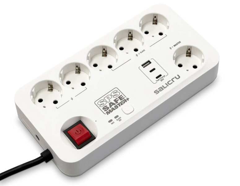 salicru regleta sps safe master+ protectores electricos activos de ultima generacion 6 tomas schuko 1xusb a, 2xusb c master/slave color blanco