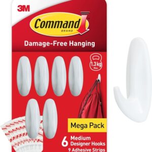 command pack de 6 ganchos de diseño medianos 9 tiras adhesivas soportan hasta 1.3kg color blanco