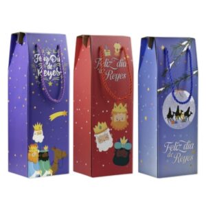 bismark caja/bolsa de carton con asa para botellas reyes magos medidas 13x36x10cm 3 diseños diferentes aleatorios