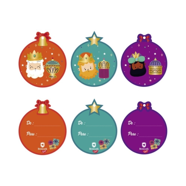 bismark pack de 18 tarjetas redondas de felicitacion navideña diseño foil reyes magos se pueden colgar incluyen cordon 3 diseños diferentes
