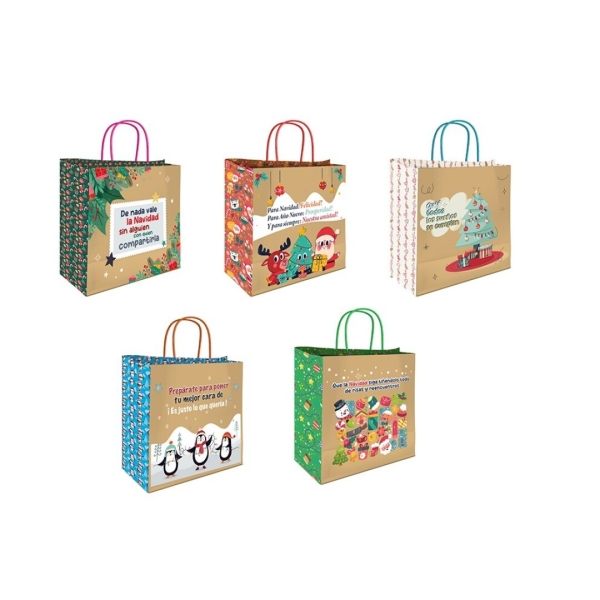 bismark bolsa de papel kraft con mensajes navideños medidas 26x8x24cm 5 diseños diferentes
