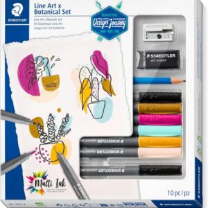 staedtler line art & botanical set design journey pack con 6 rotuladores pigment art en colores surtidos, lapiz, goma de borrar y afilalapices