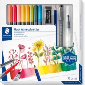 staedtler floral watercolour set design journey pack con 8 rotuladores acuarelables doble punta en colores surtidos, 1 rotulador pigment liner negro, lapiz mars lumograph aquarell, borrador artistico y pincel medio