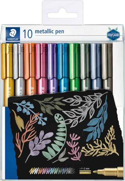staedtler metallic pen pack de 10 rotuladores de punta fina trazo 1 2mm aprox tinta base de agua colores surtidos
