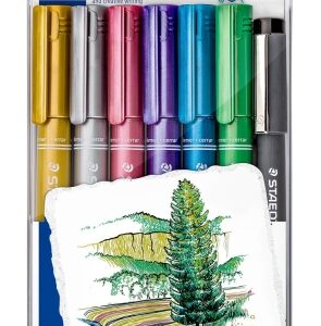 staedtler metallic pen pack de 6 rotuladores de punta fina trazo 1 2mm + rotulador pigment liner trazo 0.3 2mm tinta base de agua colores surtidos