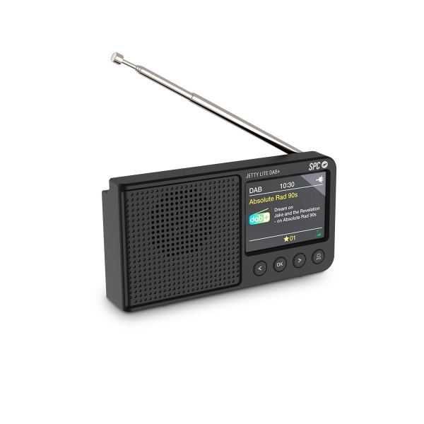 spc jetty lite radio portatil digital dab+ pantalla tft 2.4" antena telescopica bateria recargable funcion altavoz bluetooth color negro