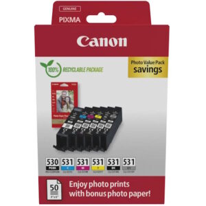 canon pgi530/cli531 pack de 6 cartuchos de tinta originales + 50 hojas de papel fotografico 10x15cm 6117c004