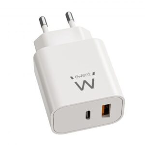 ewent ew1318 cargador gan 20w usb c pd y usb a qc carga rapida alta eficiencia diseño compacto color blanco
