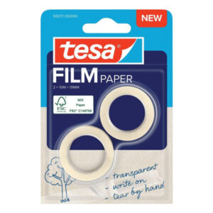 tesa paper pack de 2 cintas adhesivas de papel 19mm x 10 metros casi invisible en superficies de color claro se puede cortar con la mano y escribir sobre ella papel certificado fsc®
