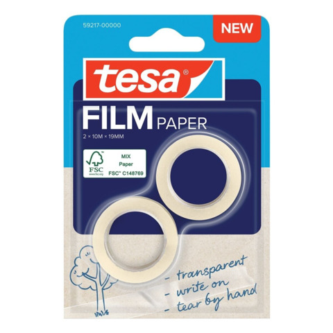 tesa paper pack de 2 cintas adhesivas de papel 19mm x 10 metros casi invisible en superficies de color claro se puede cortar con la mano y escribir sobre ella papel certificado fsc®